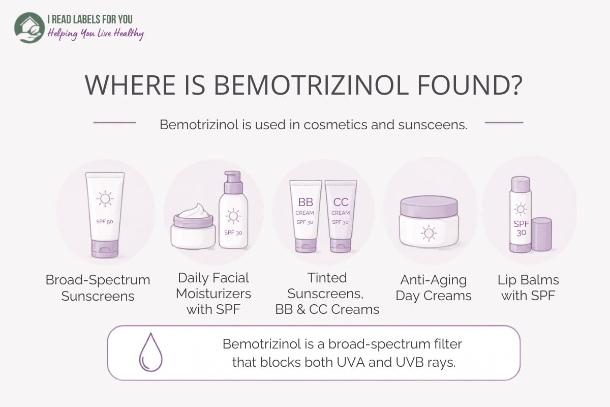 Infographic depicting products and answering the question Where Is Bemotrizinol Found