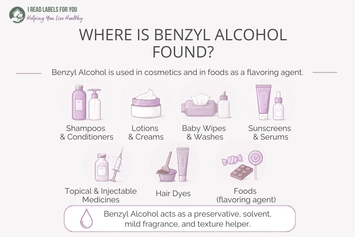 Infographic depicting products and answering the question Where Is Benzyl Alcohol Found