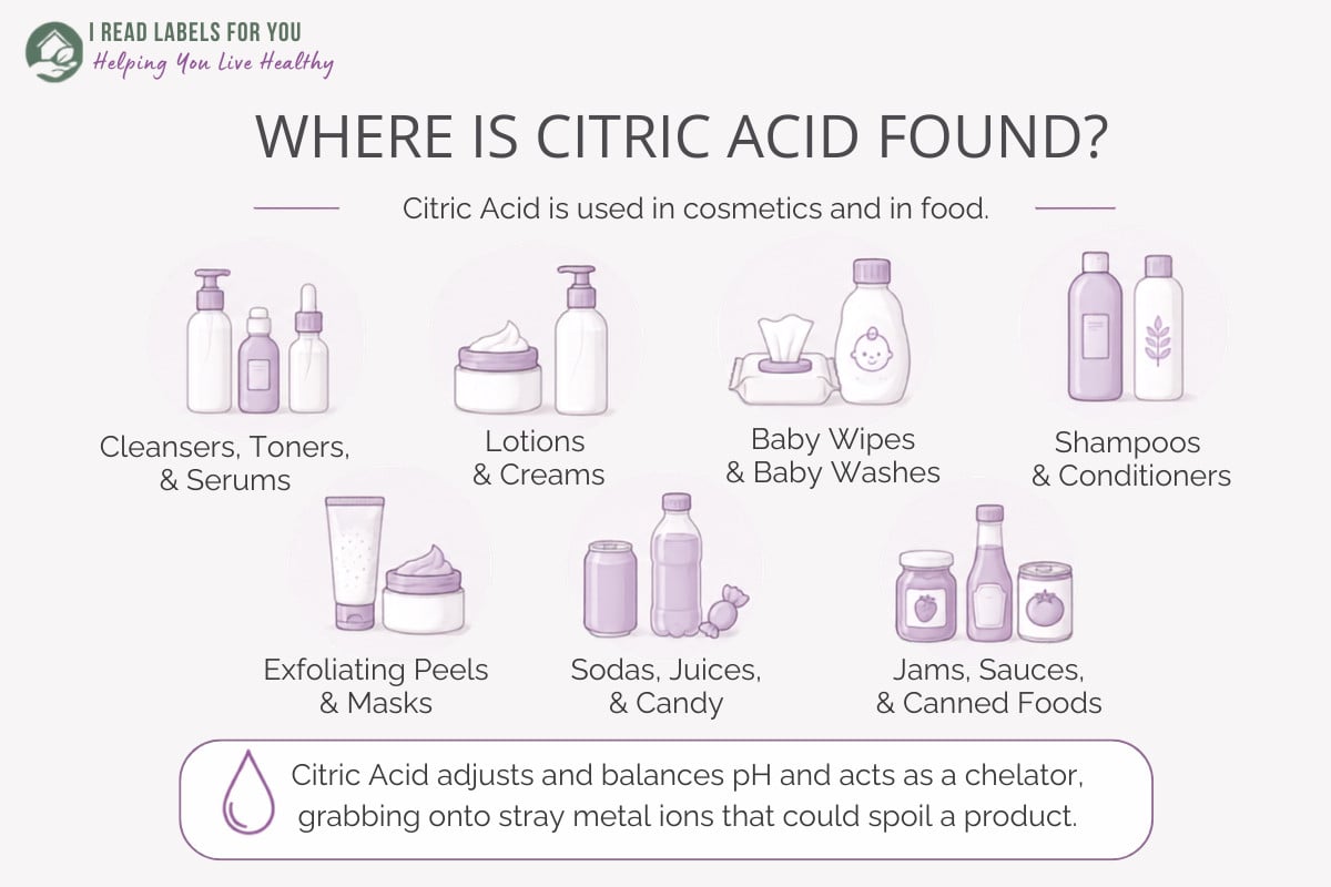 Infographic depicting products and answering the question Where Is Citric Acid Found