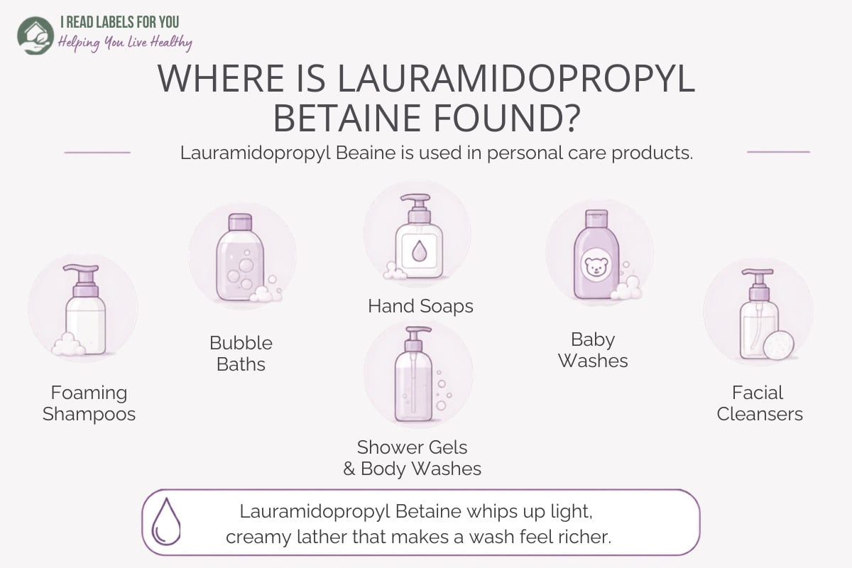Infographic depicting products and answering the question Where Is Lauramidopropyl Betaine Found
