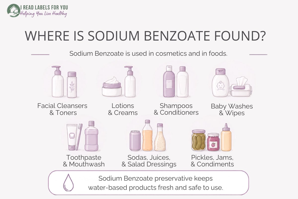 Infographic depicting products and answering the question Where Is Sodium Benzoate Found