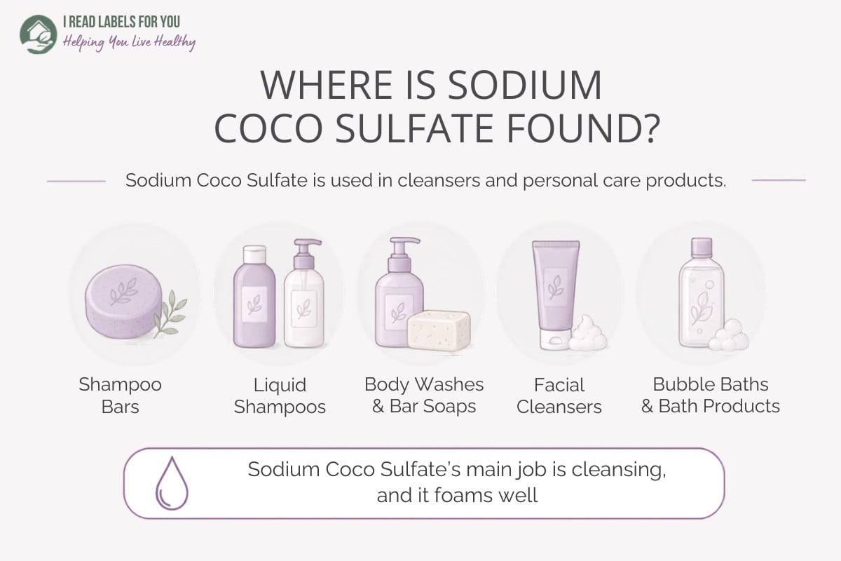 Infographic depicting products and answering the question Where Is Sodium Coco Sulfate Found