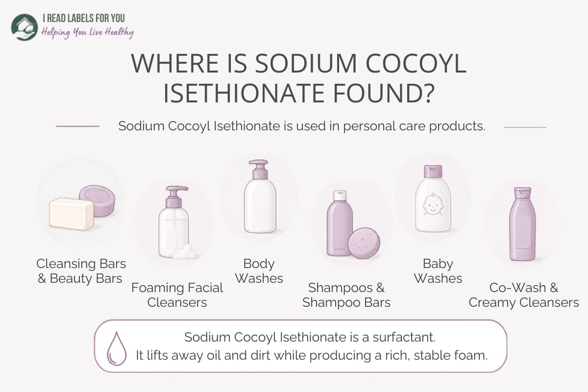 Infographis depicting products and answering the question Where Is Sodium Cocoyl Isethionate Found