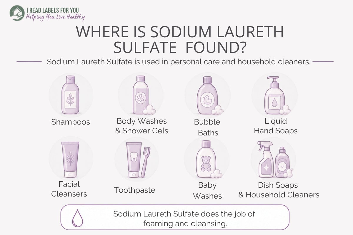 Infographic depicting products and answering the question Where Is Sodium Laureth Sulfate Found