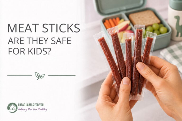 I Read Labels For You Best Meat Sticks Guide. Image of hands holding meat sticks with a lunchbox in the background.