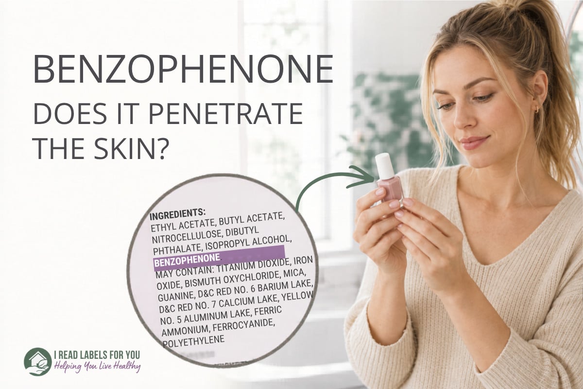 I Read Labels For You answering the question Is Benzophenone Safe. Image of a woman holding a product featuring the ingredient.
