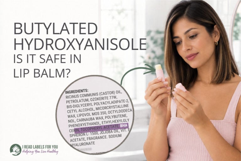 I Read Labels For You answering the question Is Butylated Hydroxyanisole Safe. Image of a woman holding a product featuring the ingredient.