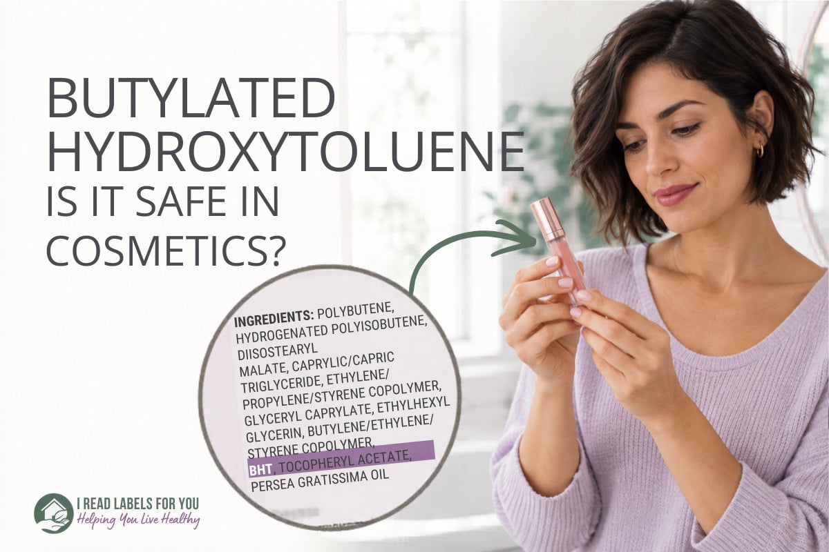 I Read Labels For You Answering the question Is Butylated Hydroxytoluene Safe. Image of a woman holding a product featuring the ingredient.