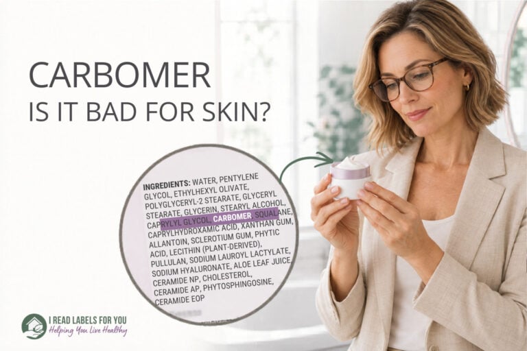 I Read Labels For You answering the question Is Carbomer Safe. Image of a woman holding a product featuring the ingredient.