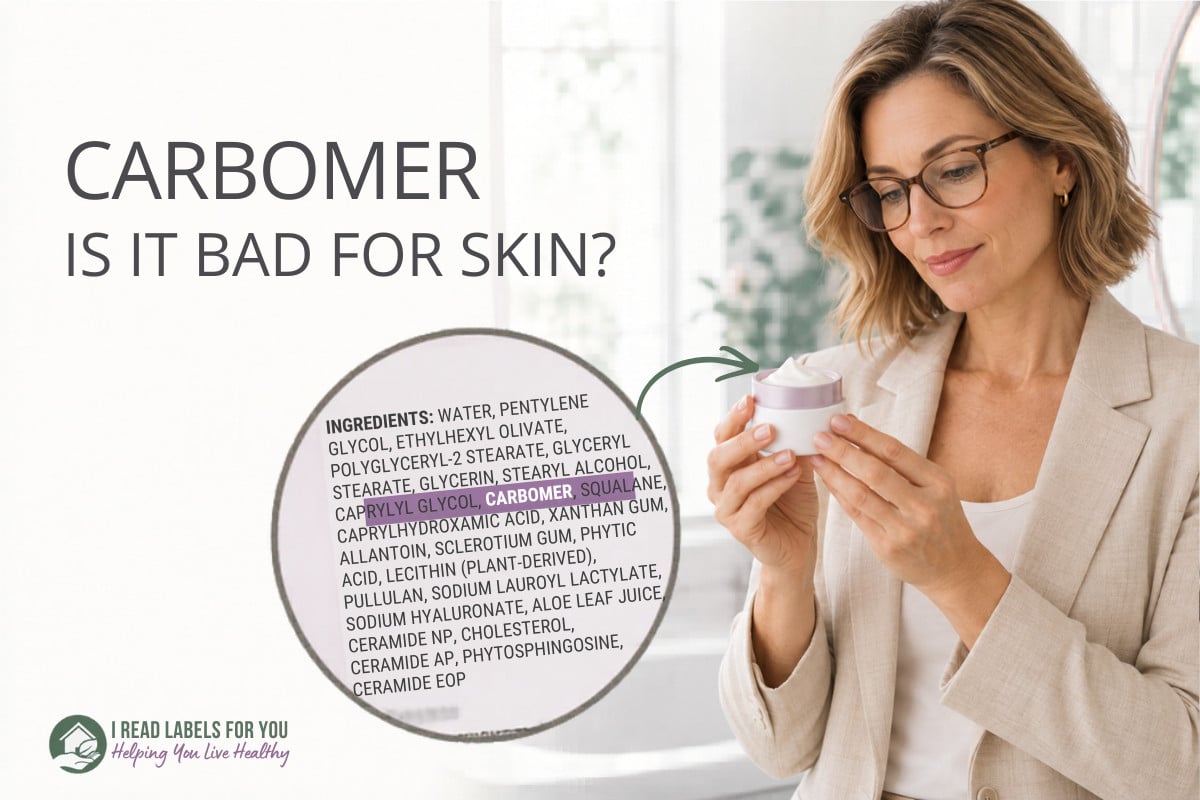 I Read Labels For You answering the question Is Carbomer Safe. Image of a woman holding a product featuring the ingredient.