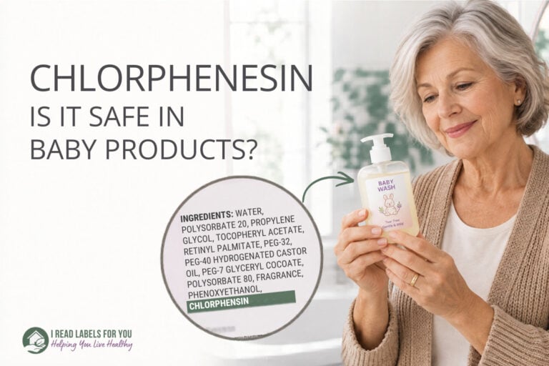 I Read Labels For You answering the question Is Chlorphenesin Safe. Image of a woman holding a product featuring the ingredient.