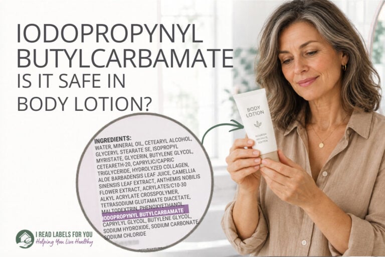I Read Labels For You answering the question Is Iodopropynyl Butylcarbamate Safe. Image of a woman holding a product featuring the ingredient.