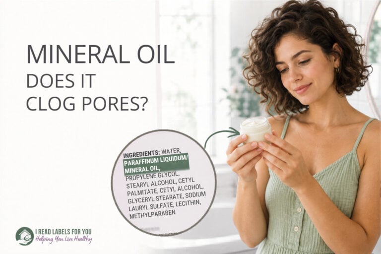 I Read Labels For You answering the question Is Mineral Oil Safe. Image of a woman holding a product featuring the ingredient.