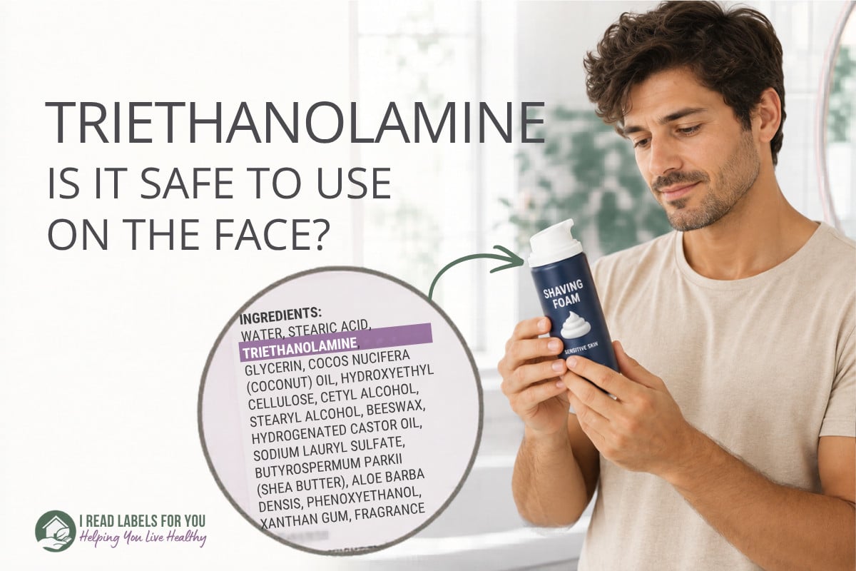 I Read Labels For You answering the question Is Triethanolamine Safe. Image of a man holding a product featuring the ingredient.