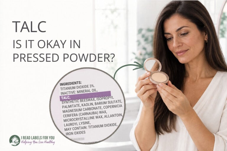 I Read Labels For You answering the question Is talc safe. Image of a woman holding a product featuring the ingredient.