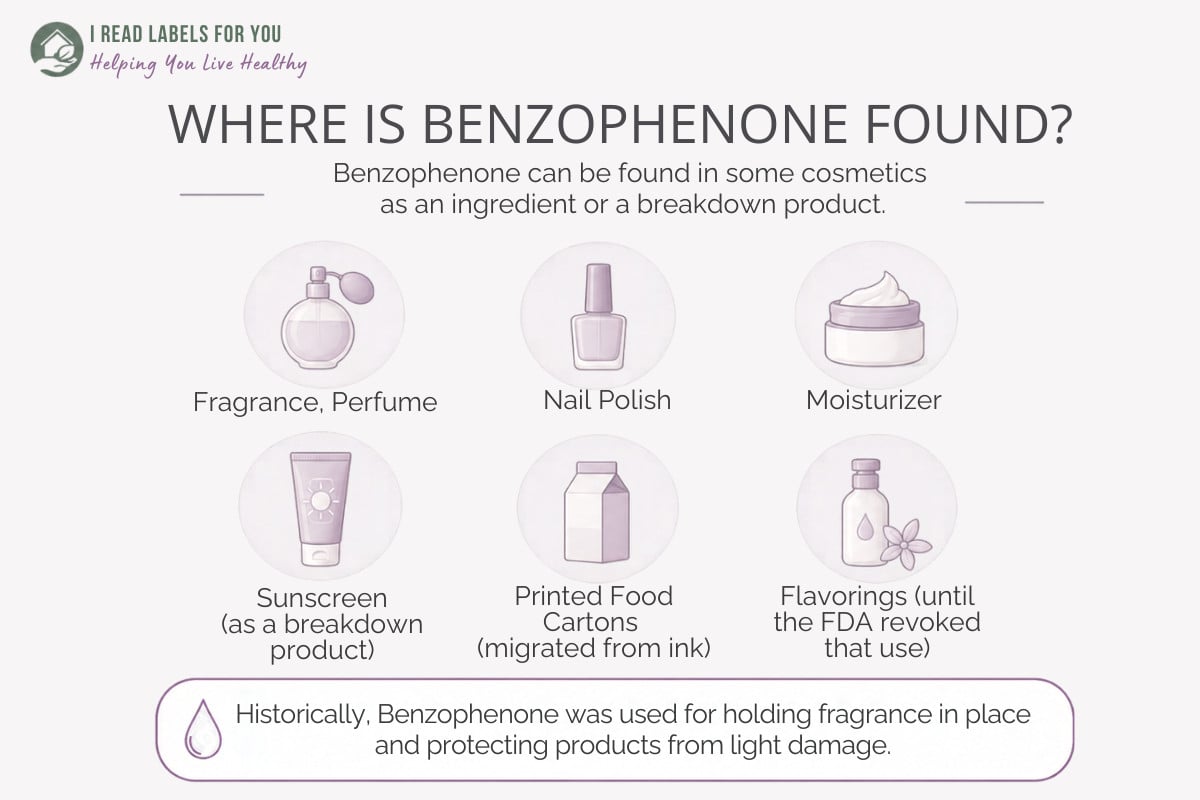 Infographic depicting products and answering the question Where Is Benzophenone Found