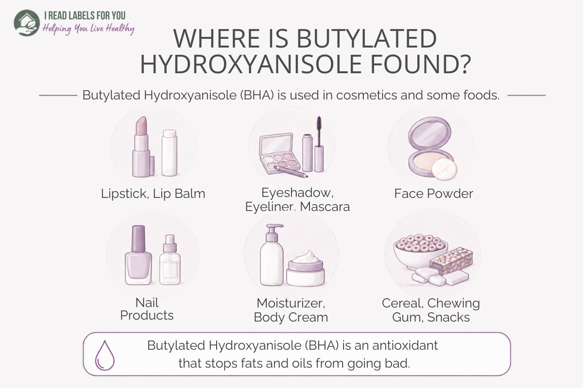 Infographic depicting products and answering the question Where Is Butylated Hydroxyanisole Found