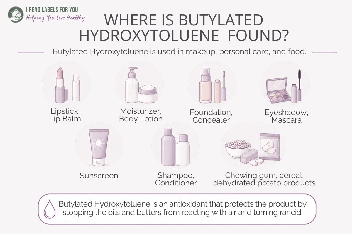 Infographic depicting products and answering the question Where Is Butylated Hydroxytoluene Found