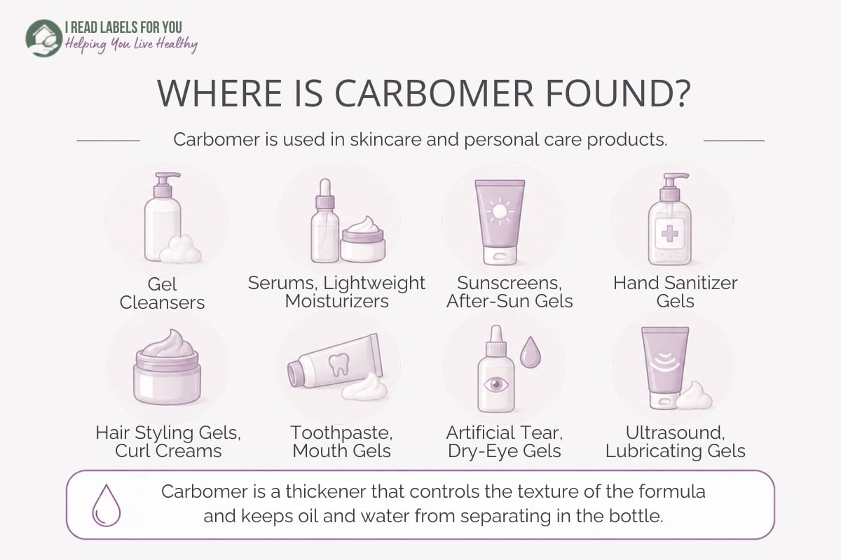 Infographic depicting products and answering the question Where Is Carbomer Found