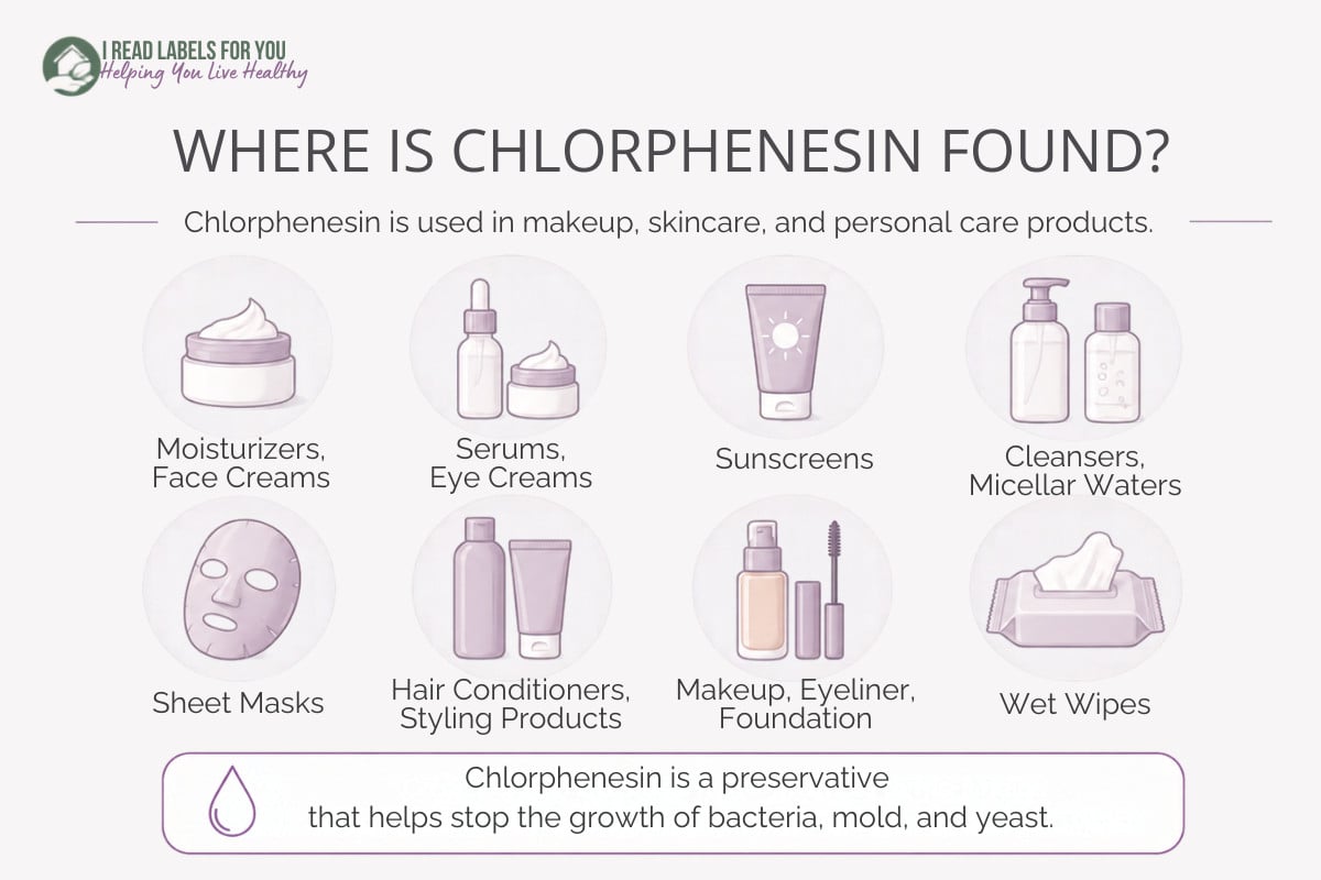 Infographic depicting products and answering the question Where Is Chlorphenesin Found