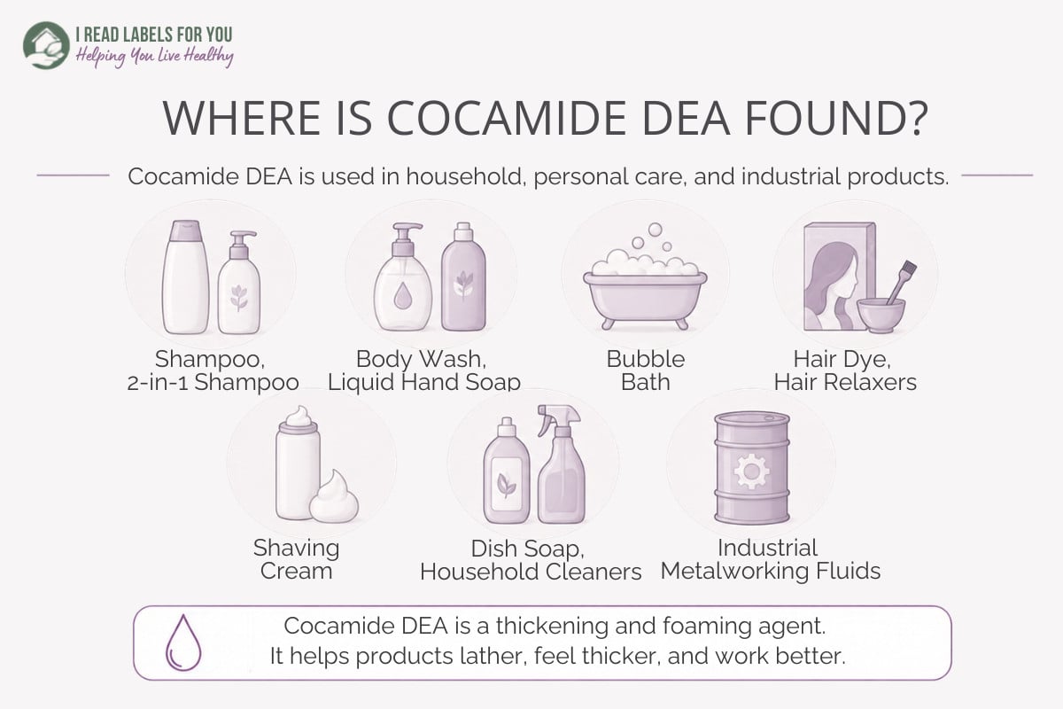 Infographic depicting products and answering he question Where Is Cocamide DEA Found