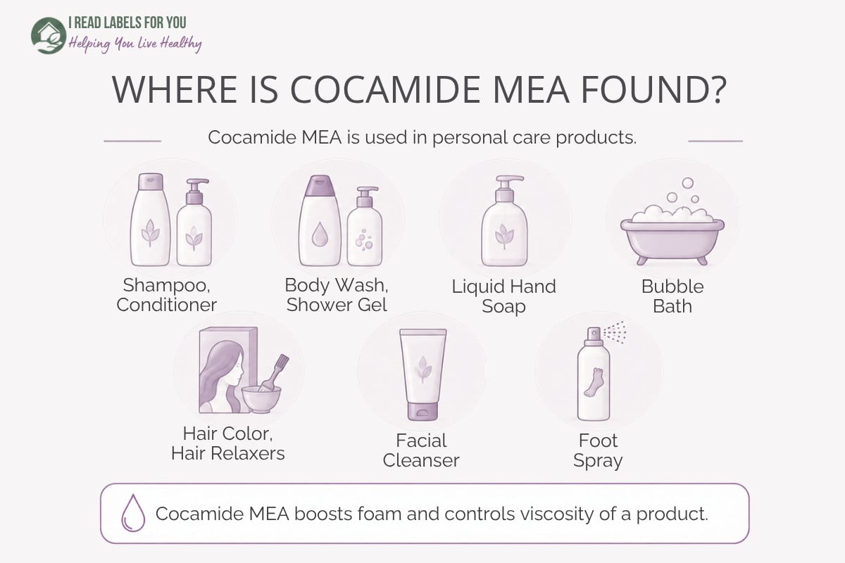 Infographic depicting products and answering the question Where Is Cocamide MEA Found