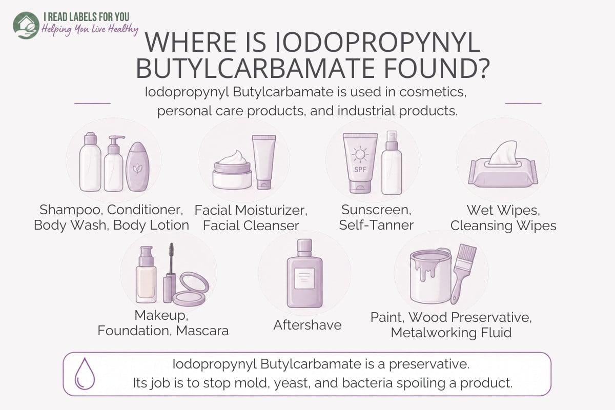 Infographic depicting products and answering the question Where Is Iodopropynyl Butylcarbamate Found