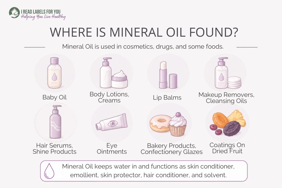 Infographic depicting products and answering the question Where Is Mineral Oil Found