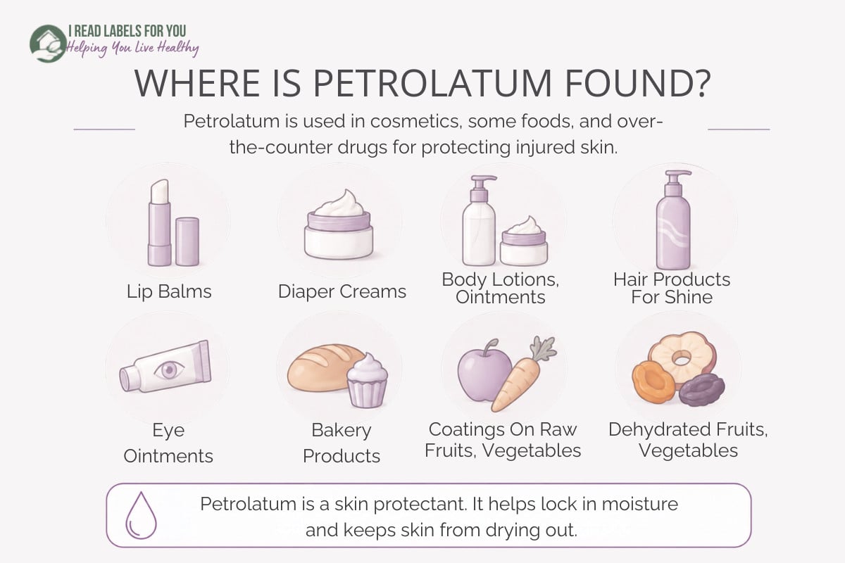 Infographic depicting products and answering the question Where Is Petrolatum found