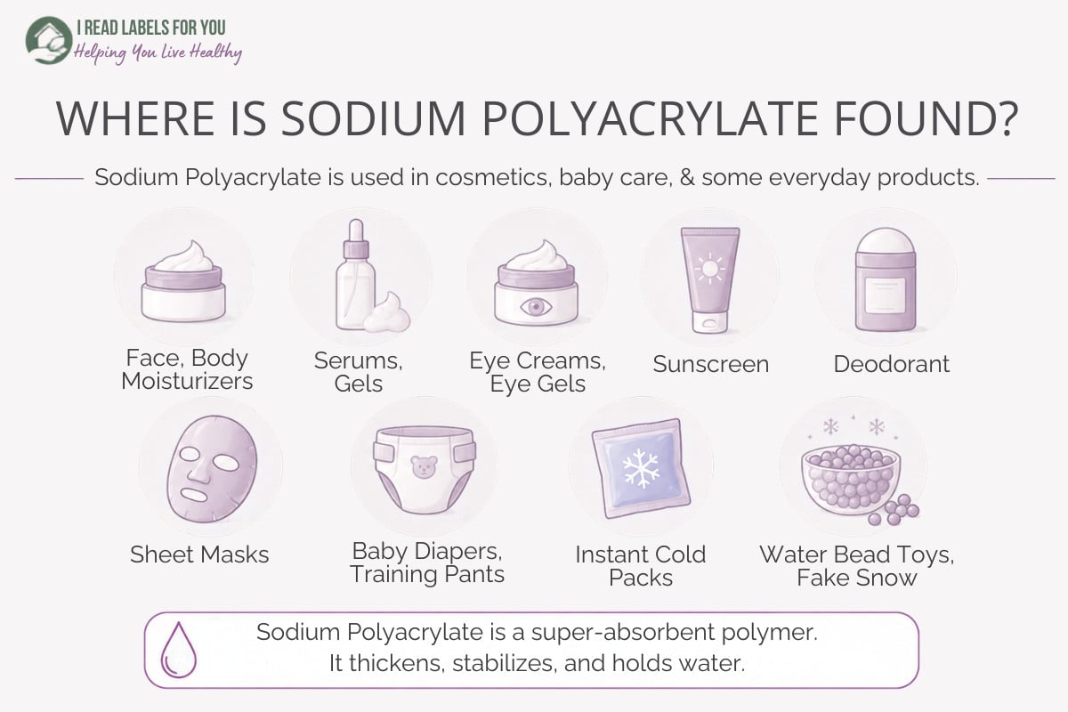 Infographic depicting products and answering the question Where Is Sodium Polyacrylate Found.