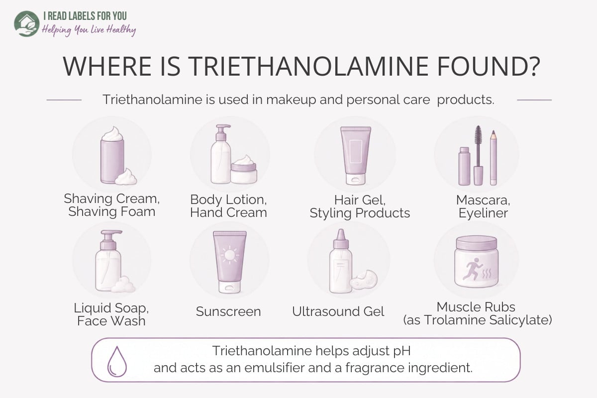 Infographic depicting products and answering the question Where Is Triethanolamine Found