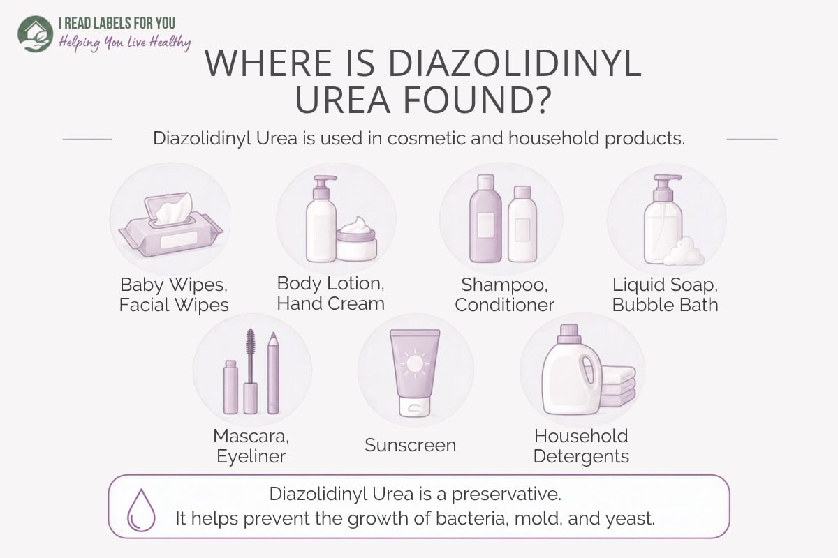 Infographic depicting products and answering the question Where is Diazolidinyl Urea Found
