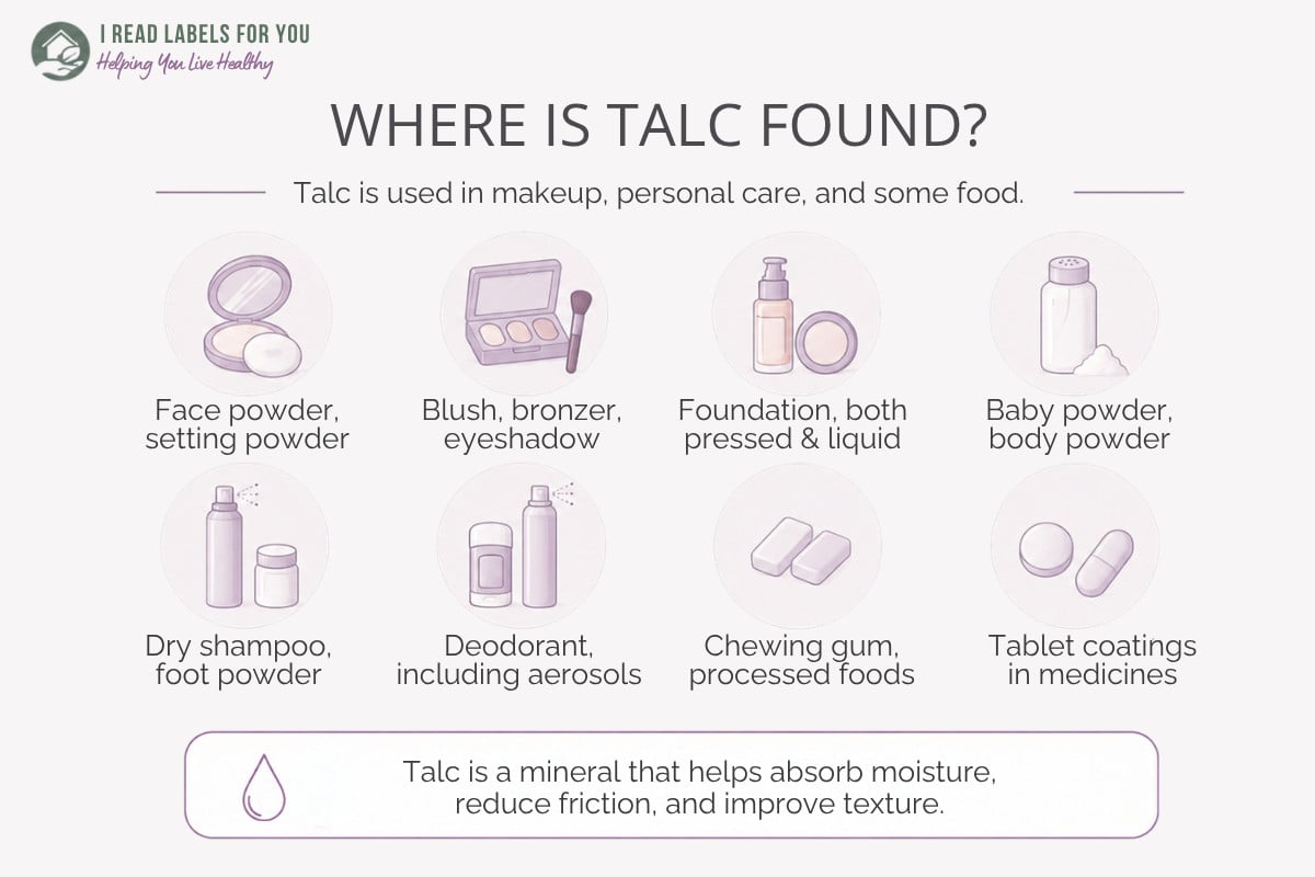 Infographic depicting products and answering the question Where is talc found