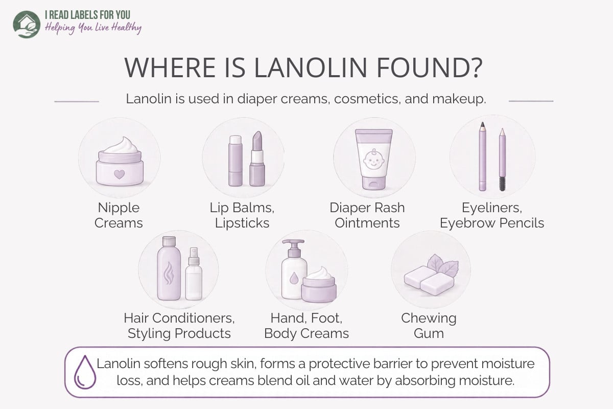 Infographic depicting products and answering the question Where is lanolin found