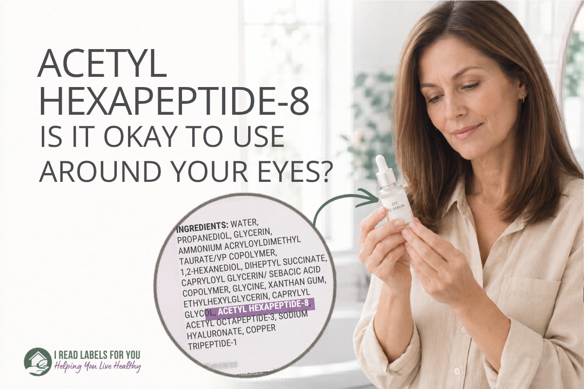 I Read Labels For You answering the question Is Acetyl Hexapeptide-8 Safe. Image of a woman holding a product featuring the ingredient.