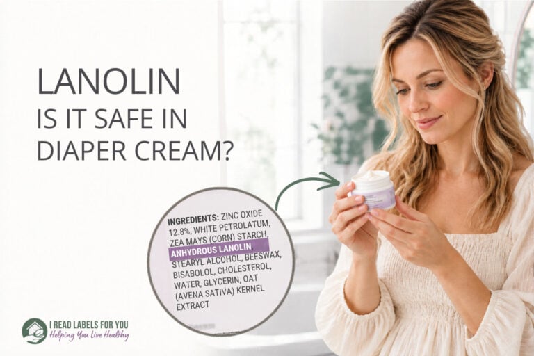 I Read Labels For You answering the question Is Lanolin Safe. Image of a woman holding a product featuring the ingredient.