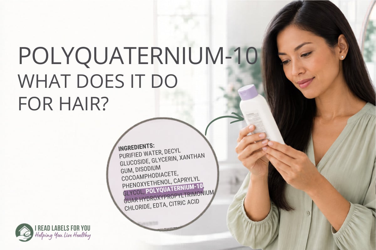 I Read Labels For You answering the question Is Polyquaternium-10 Safe. Image of a woman holding a product featuring the ingredient.