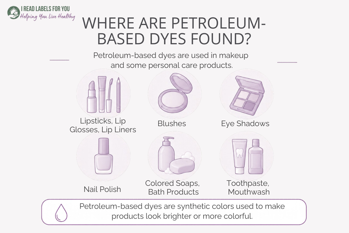 Infographic depicting products and answering the question Where Are Petroleum-Based Dyes Found