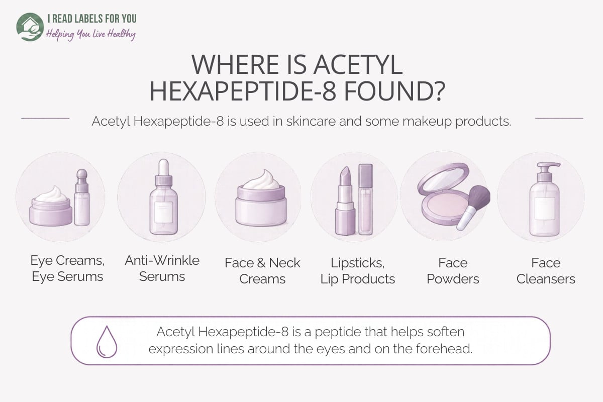 Infographic featuring products and answering the question Where Is Acetyl Hexapeptide-8 Found