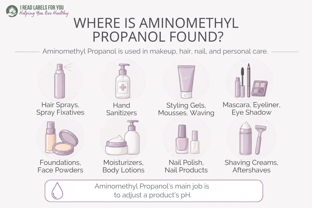 Infographic depicting products and answering the question Where Is Aminomethyl Propanol Found