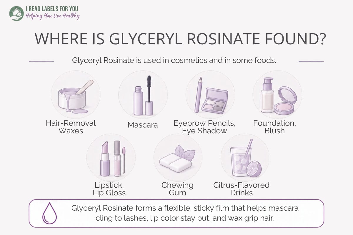 Infographic depicting products and answering the question Where Is Glyceryl Rosinate Found