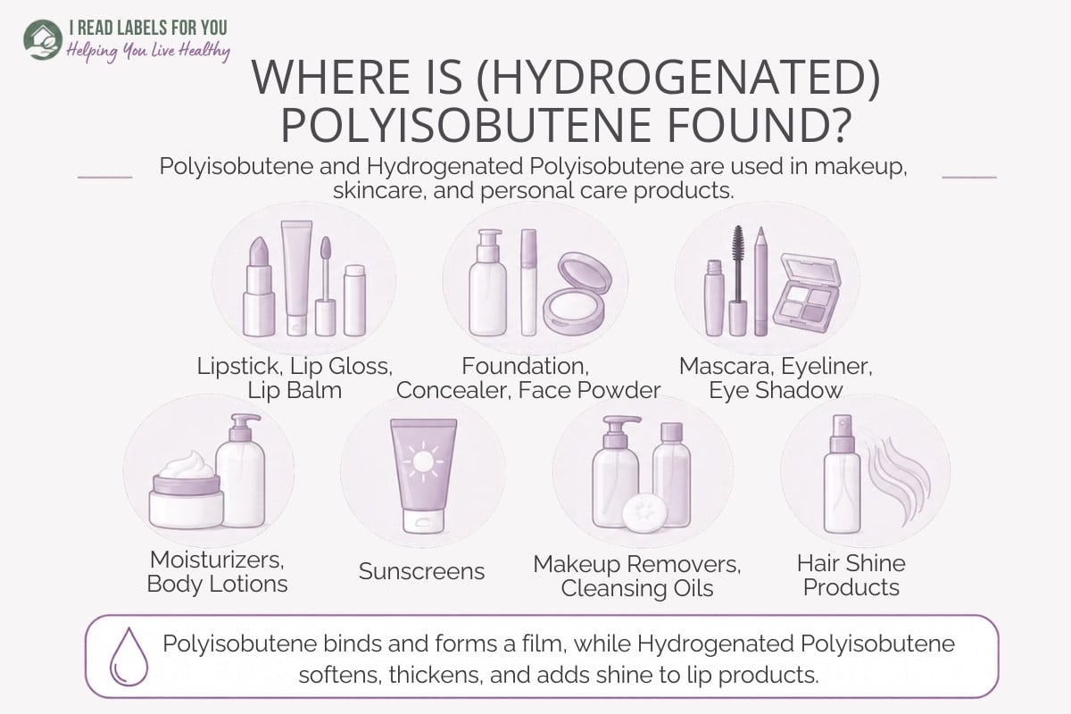 Infographic depicting products and answering the question Where is Hydrogenated Polyisobutene found
