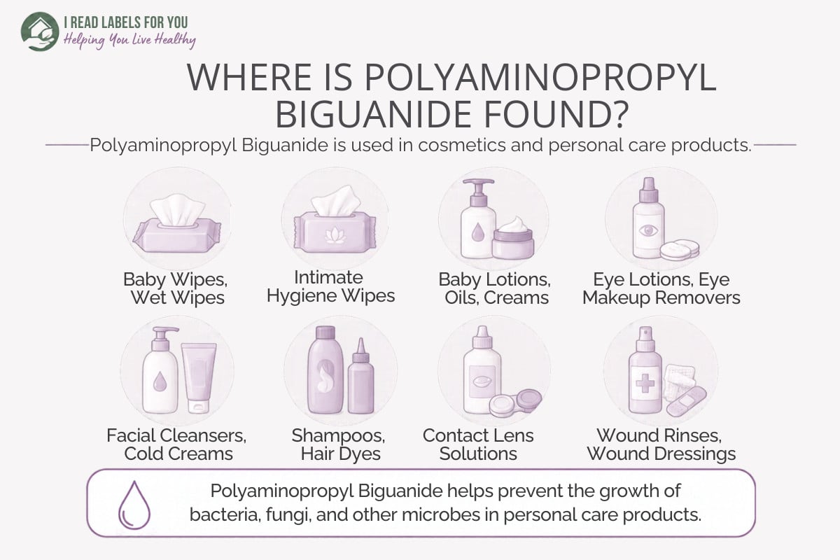 Infographis depicting products and answering the question Where Is Polyaminopropyl Biguanide Found