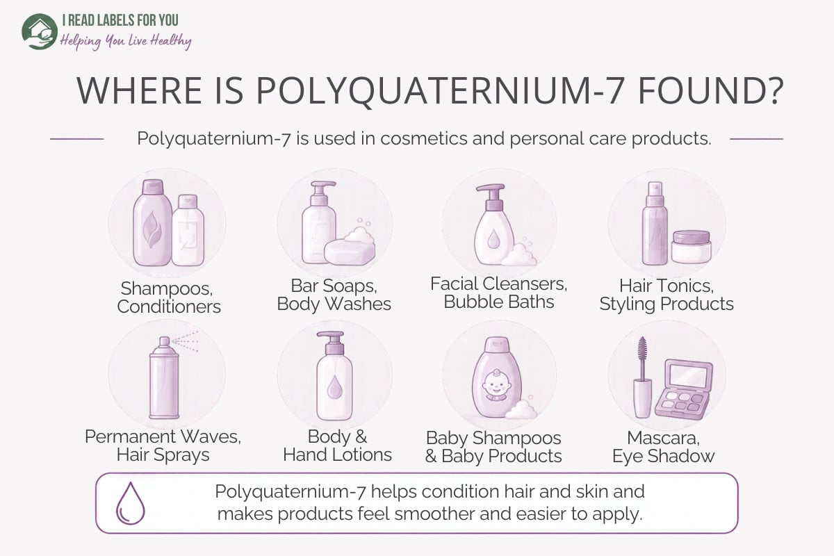 Infographic depicting products and answering the question Where Is Polyquaternium-7 Found