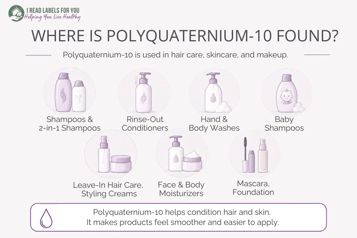 Infographic depicting products and answering the question Where is Polyquaternium-10 found