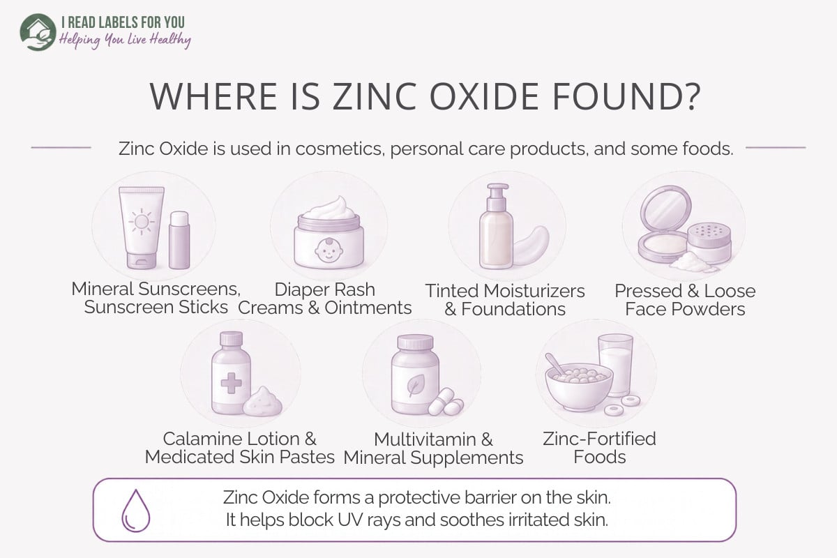 Infographic depicting products and answering the question Where is Zinc Oxide Found